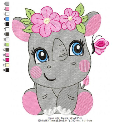 Rhinocero Girl with Flowers - Applique & Fill Stitch