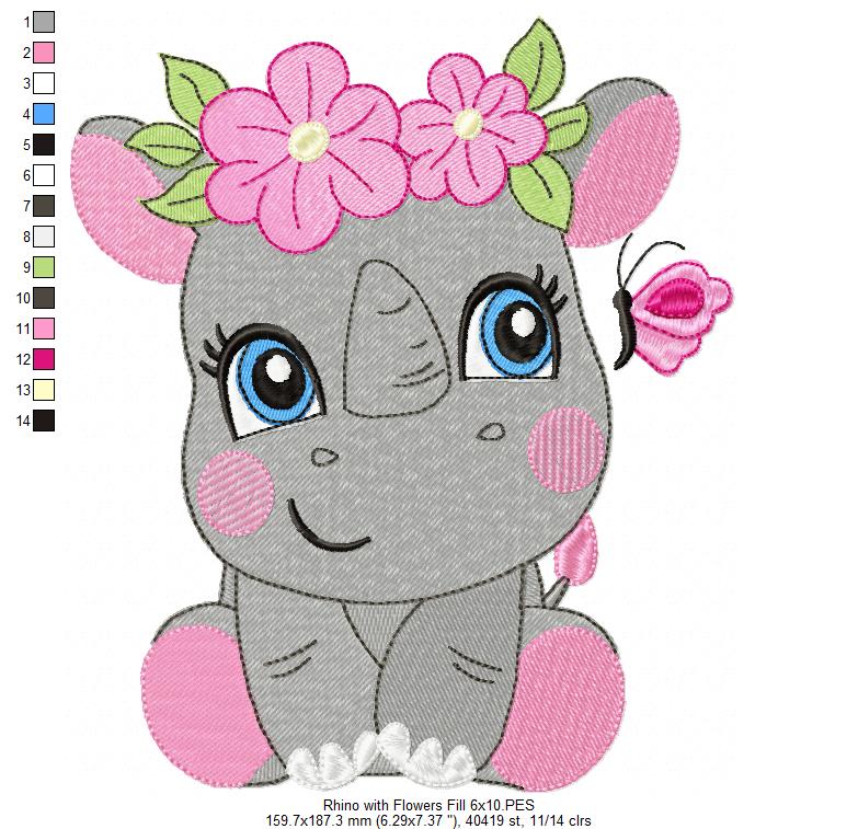 Rhinocero Girl with Flowers - Applique & Fill Stitch
