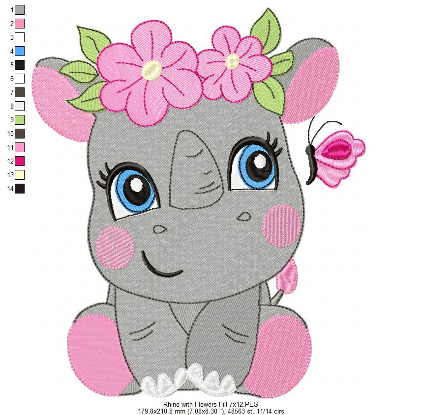 Rhinocero Girl with Flowers - Fill Stitch