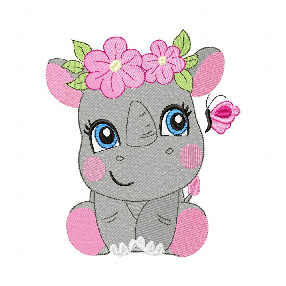 Rhinocero Girl with Flowers - Fill Stitch