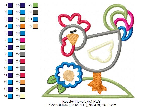 Farm Rooster and Flowers - Applique