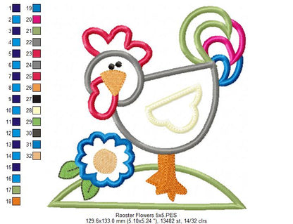 Farm Rooster and Flowers - Applique