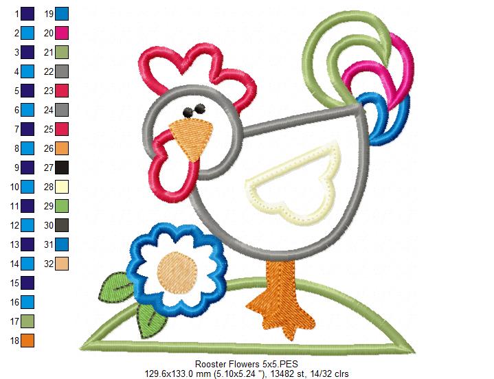 Farm Rooster and Flowers - Applique