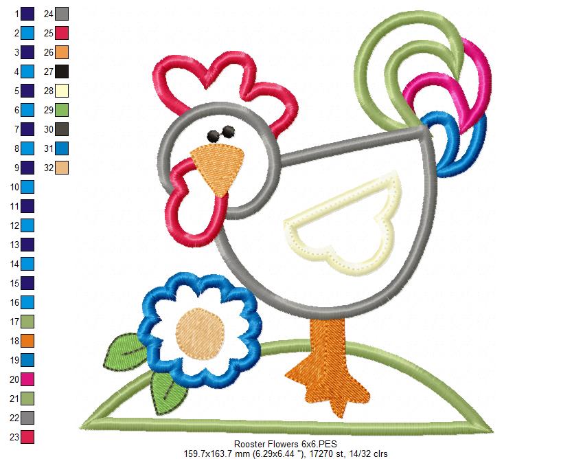 Farm Rooster and Flowers - Applique
