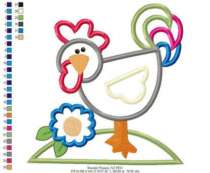 Farm Rooster and Flowers - Applique