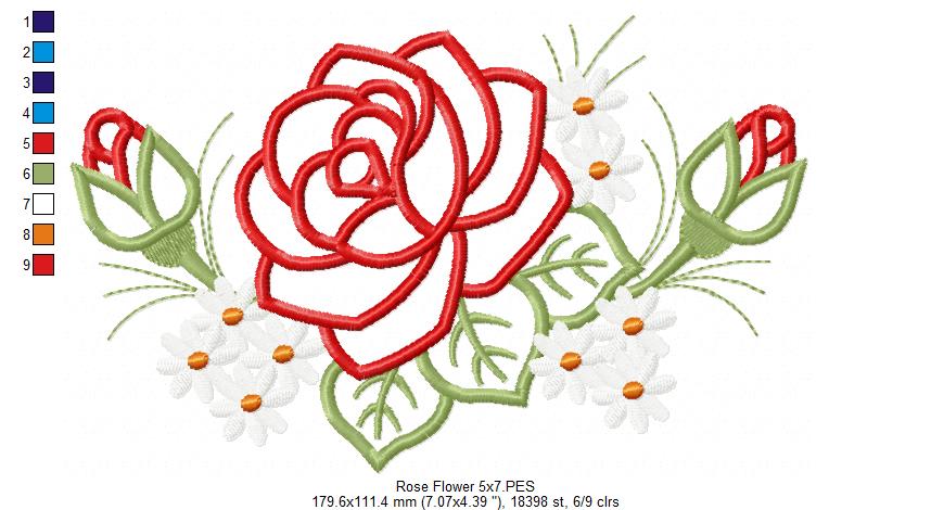 Spring Rose Flower - Applique - Machine Embroidery Design