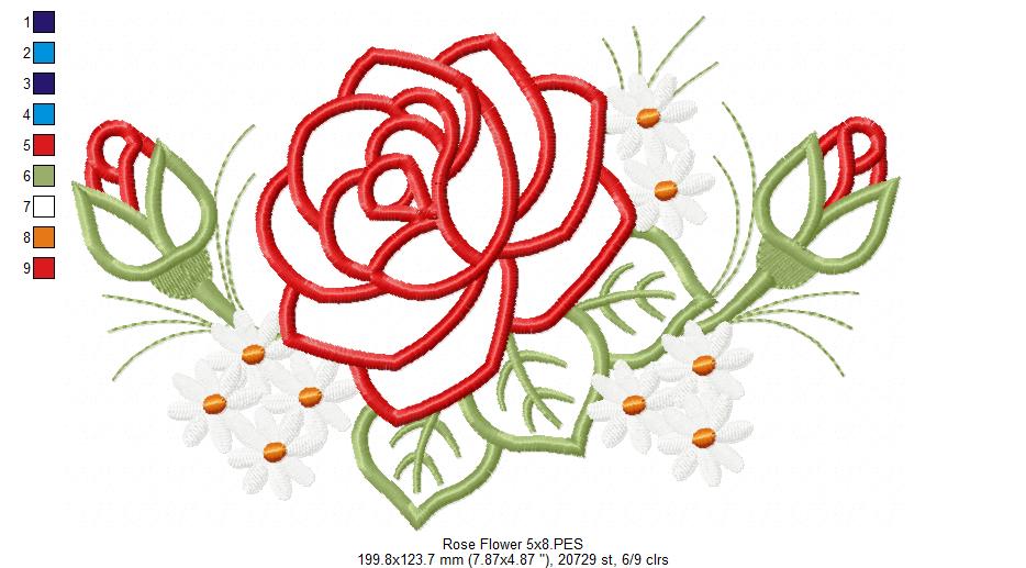 Spring Rose Flower - Applique - Machine Embroidery Design
