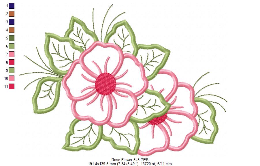 Spring Rose Flower - Applique Embroidery