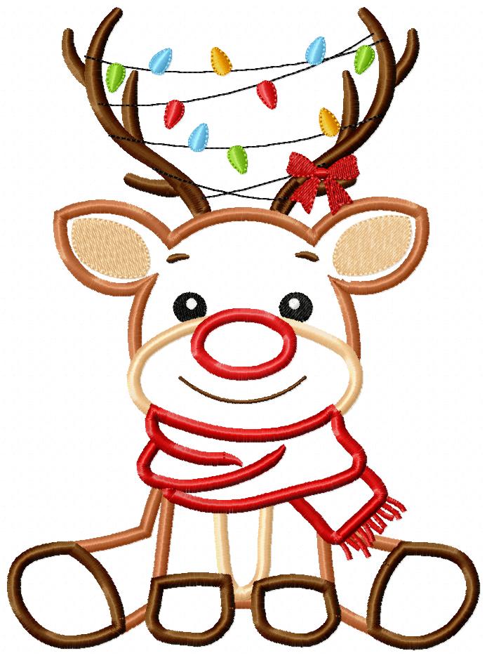 Rudolph Reindeer and Christmas Lights - Applique - Machine Embroidery Design