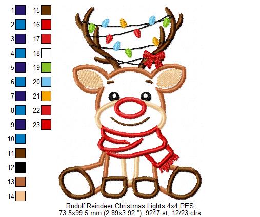 Rudolph Reindeer and Christmas Lights - Applique - Machine Embroidery Design