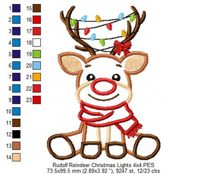 Rudolph Reindeer and Christmas Lights - Applique - Machine Embroidery Design