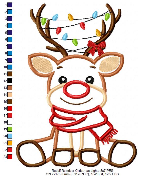 Rudolph Reindeer and Christmas Lights - Applique - Machine Embroidery Design