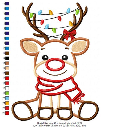 Rudolph Reindeer and Christmas Lights - Applique - Machine Embroidery Design