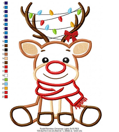 Rudolph Reindeer and Christmas Lights - Applique - Machine Embroidery Design