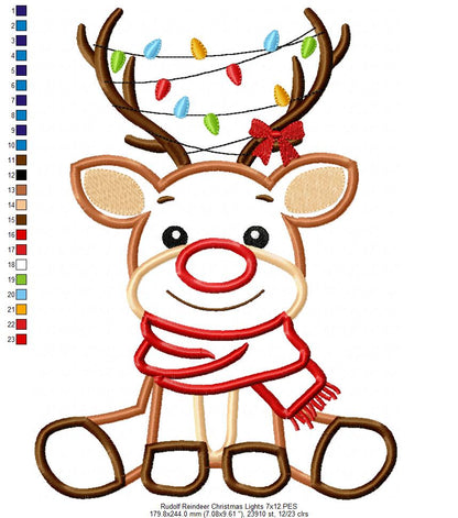 Rudolph Reindeer and Christmas Lights - Applique - Machine Embroidery Design