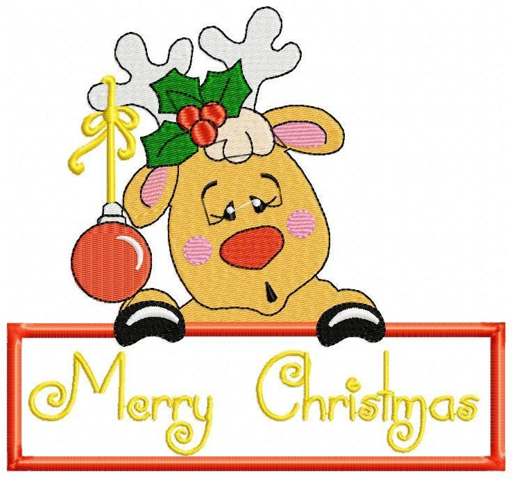 Merry Christmas Rudolph Reindeer - Applique - Machine Embroidery Design