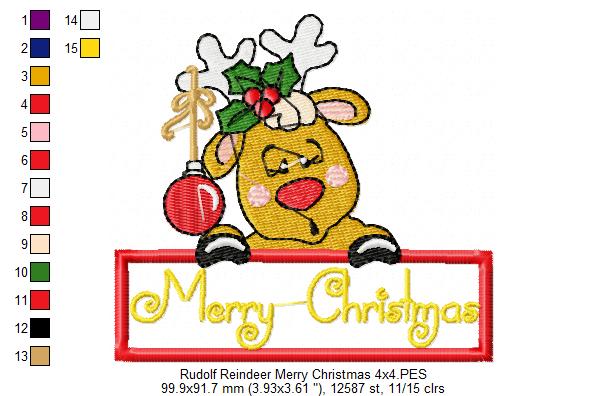 Merry Christmas Rudolph Reindeer - Applique - Machine Embroidery Design