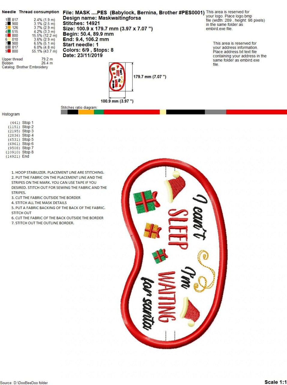 I Can't Sleep I'm Waiting for Santa Sleep Mask - ITH Project - Machine Embroidery Design