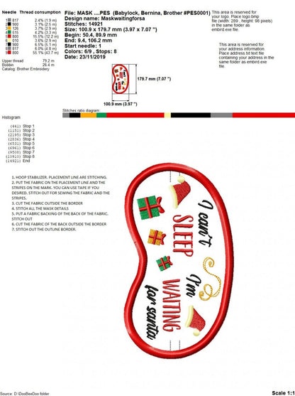 I Can't Sleep I'm Waiting for Santa Sleep Mask - ITH Project - Machine Embroidery Design