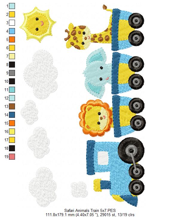 Safari Animals Train - Fill Stitch - Machine Embroidery Design