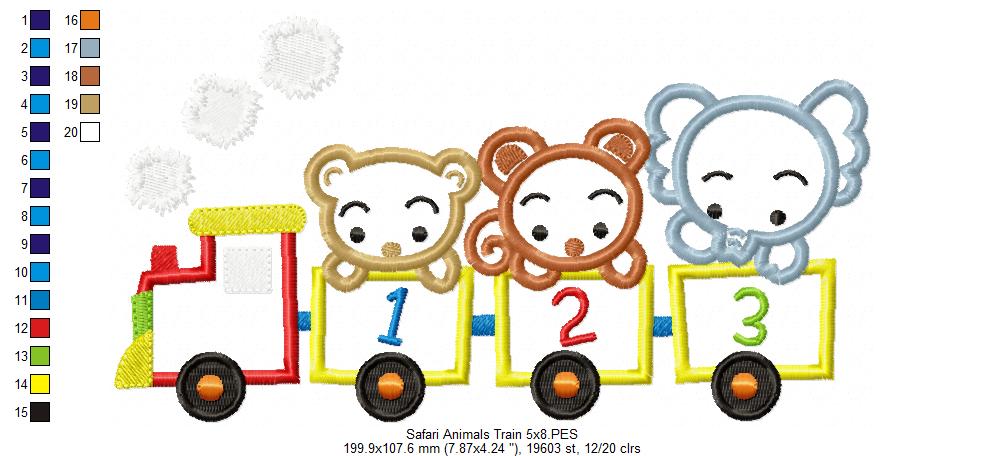 Safari Animals Train Appliqué – Machine Embroidery Design