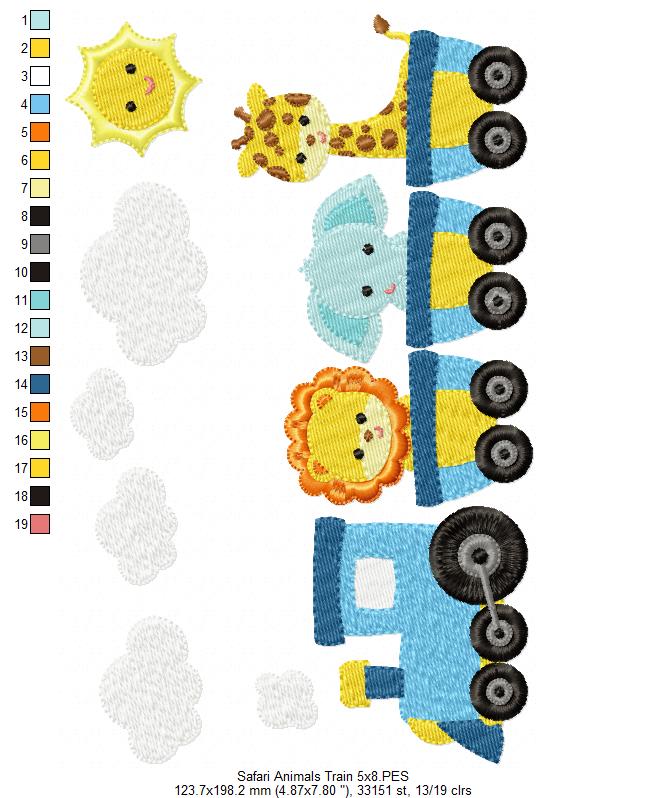 Safari Animals Train - Fill Stitch - Machine Embroidery Design