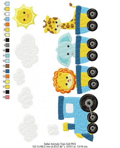 Safari Animals Train - Fill Stitch - Machine Embroidery Design