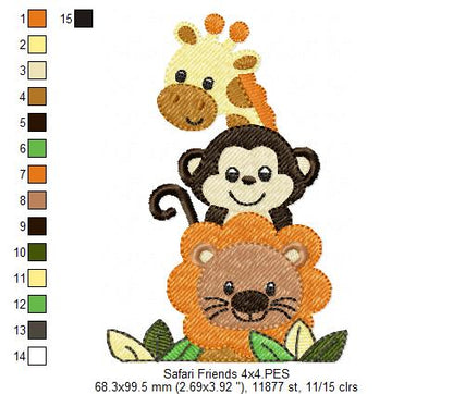 Animals Safari, Lion, Giraffe, Monkey - Fill Stitch