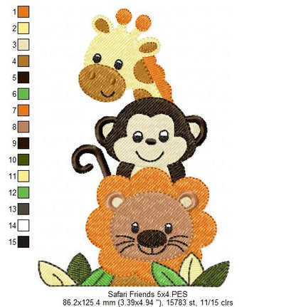 Animals Safari, Lion, Giraffe, Monkey - Fill Stitch