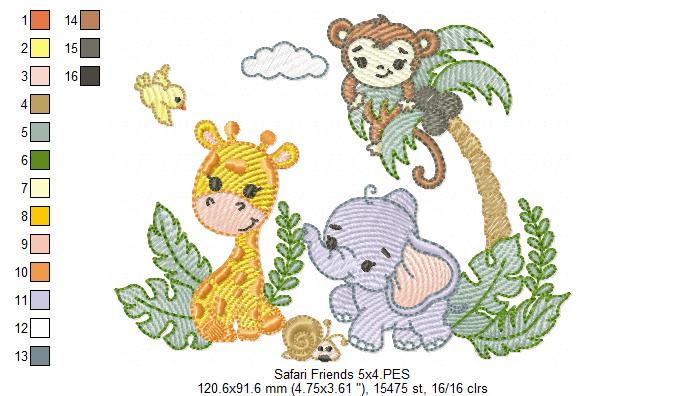 Animals Safari Giraffe, Elephant and Monkey - Fill Stitch