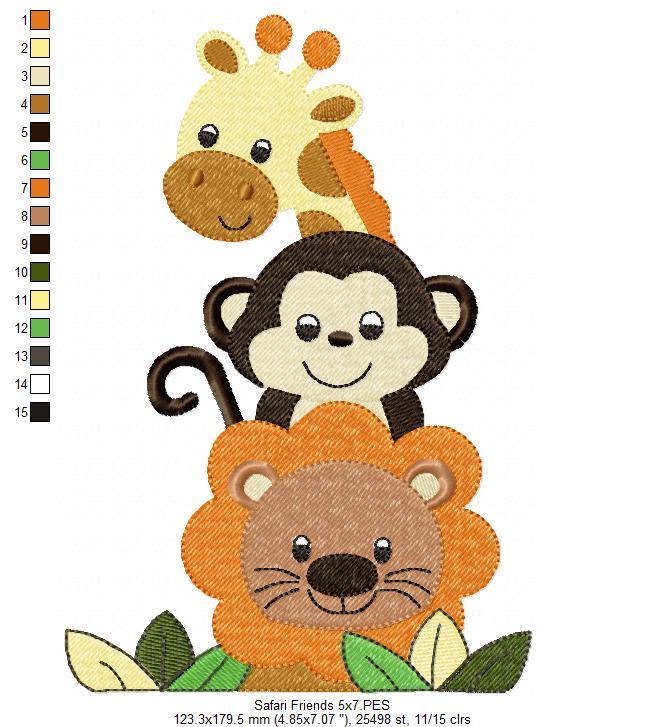 Animals Safari, Lion, Giraffe, Monkey - Fill Stitch