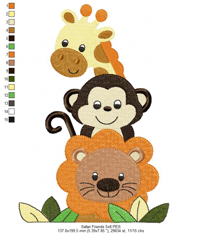 Animals Safari, Lion, Giraffe, Monkey - Fill Stitch