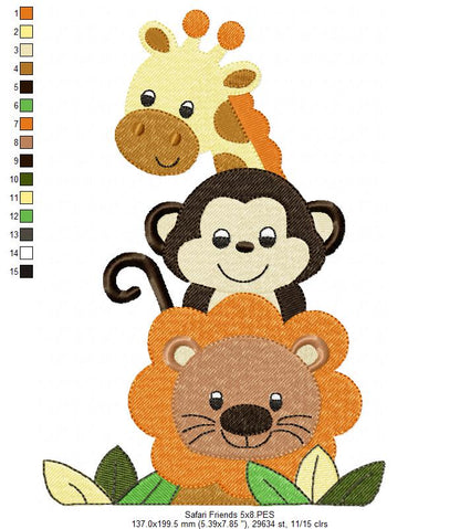 Animals Safari, Lion, Giraffe, Monkey - Fill Stitch