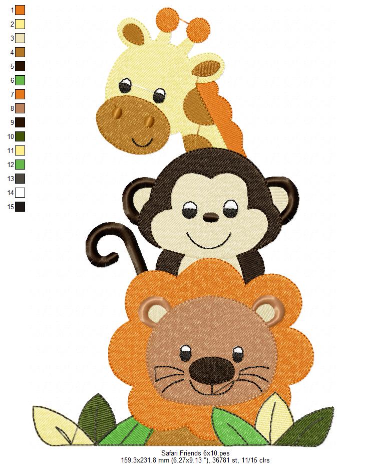 Animals Safari, Lion, Giraffe, Monkey - Fill Stitch