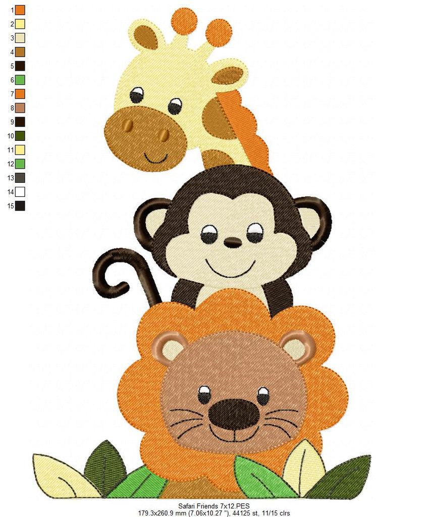 Animals Safari, Lion, Giraffe, Monkey - Fill Stitch