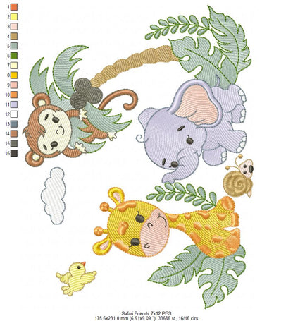 Animals Safari Giraffe, Elephant and Monkey - Fill Stitch