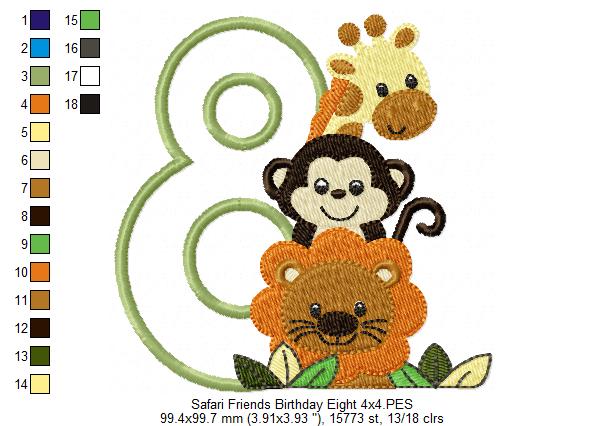 Safari Friends Number Eight 8th Birthday - Applique