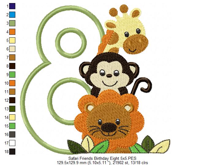 Safari Friends Number Eight 8th Birthday - Applique