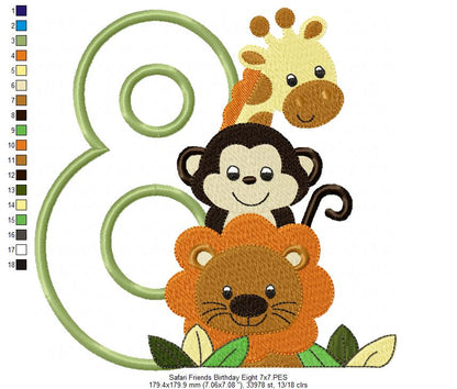 Safari Friends Number Eight 8th Birthday - Applique