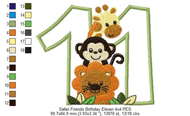 Safari Friends Number Eleven 11th Birthday - Applique