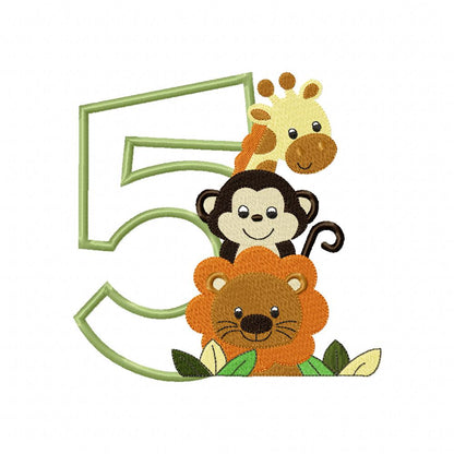 Safari Friends Number Five 5th Birthday - Applique