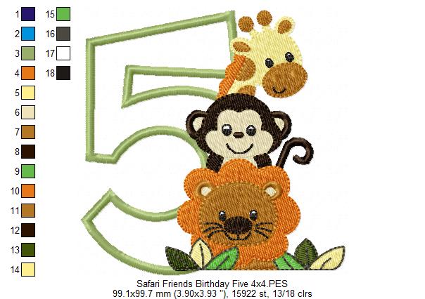 Safari Friends Number Five 5th Birthday - Applique