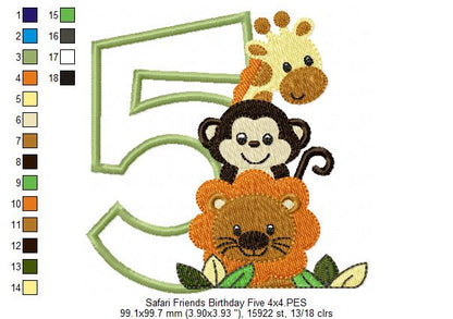 Safari Friends Number Five 5th Birthday - Applique