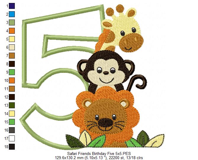 Safari Friends Number Five 5th Birthday - Applique