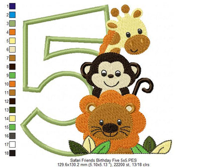 Safari Friends Number Five 5th Birthday - Applique