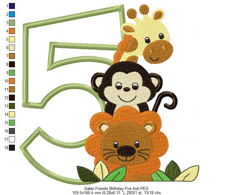 Safari Friends Number Five 5th Birthday - Applique