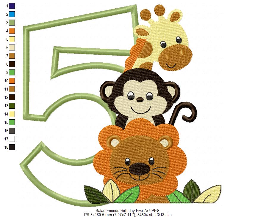 Safari Friends Number Five 5th Birthday - Applique