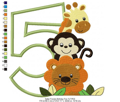 Safari Friends Number Five 5th Birthday - Applique