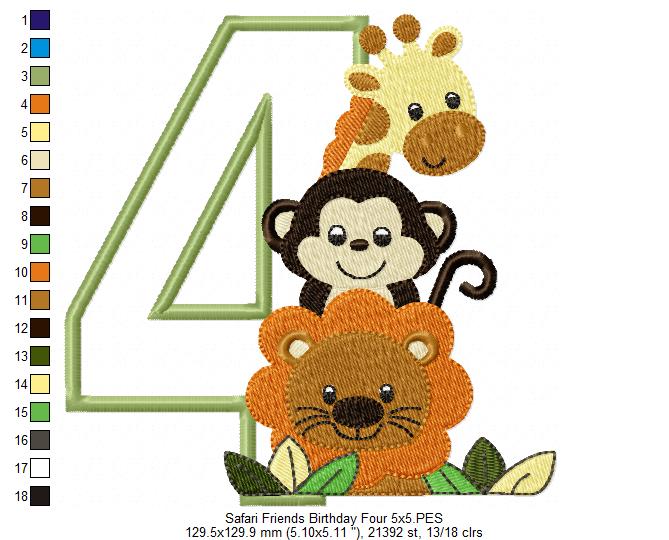 Safari Friends Number Four 4th Birthday - Applique