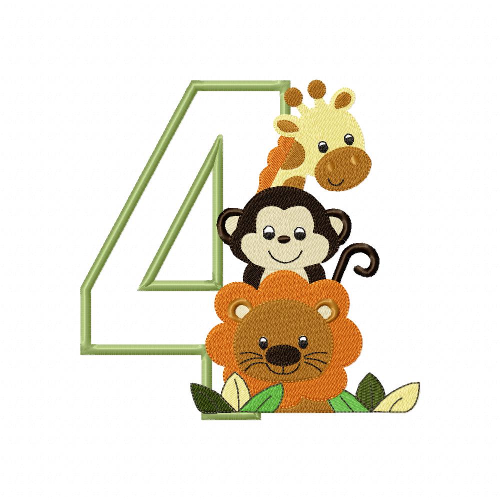 Safari Friends Number Four 4th Birthday - Applique